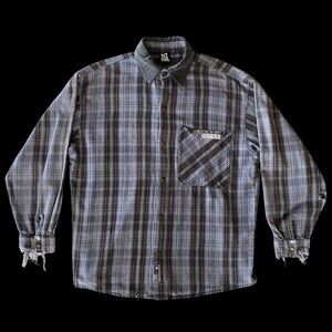 VTG 90s Y2k NO FEAR Gear Plaid Flannel Shirt Snap Button Grunge Brown Sz Large